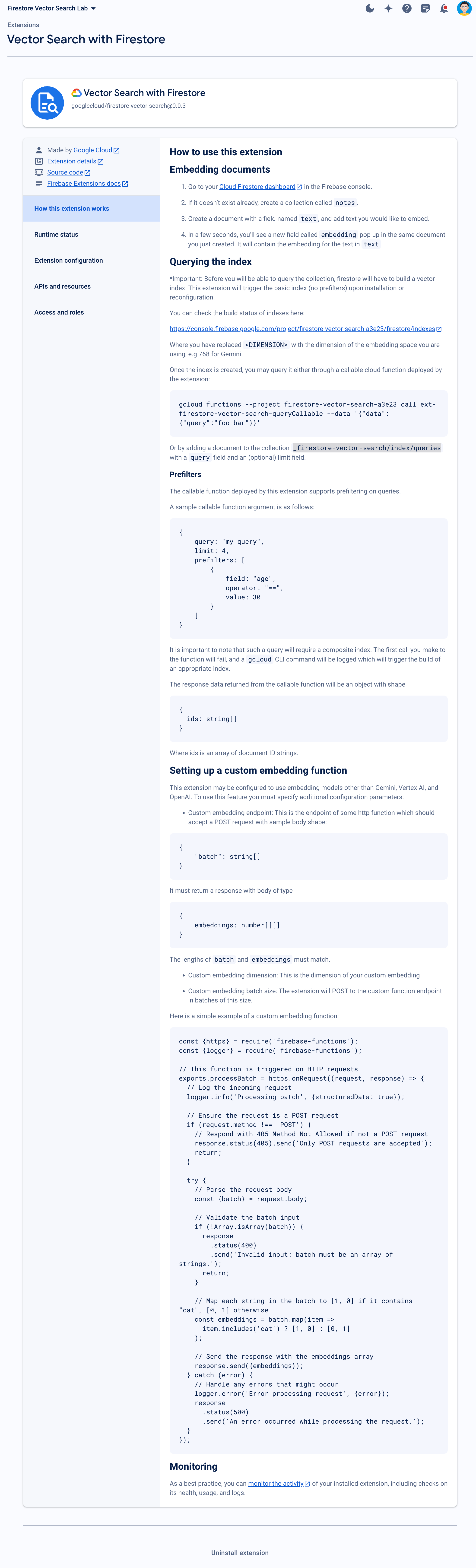 Dokumentasi untuk ekstensi Penelusuran Vektor dengan Firestore