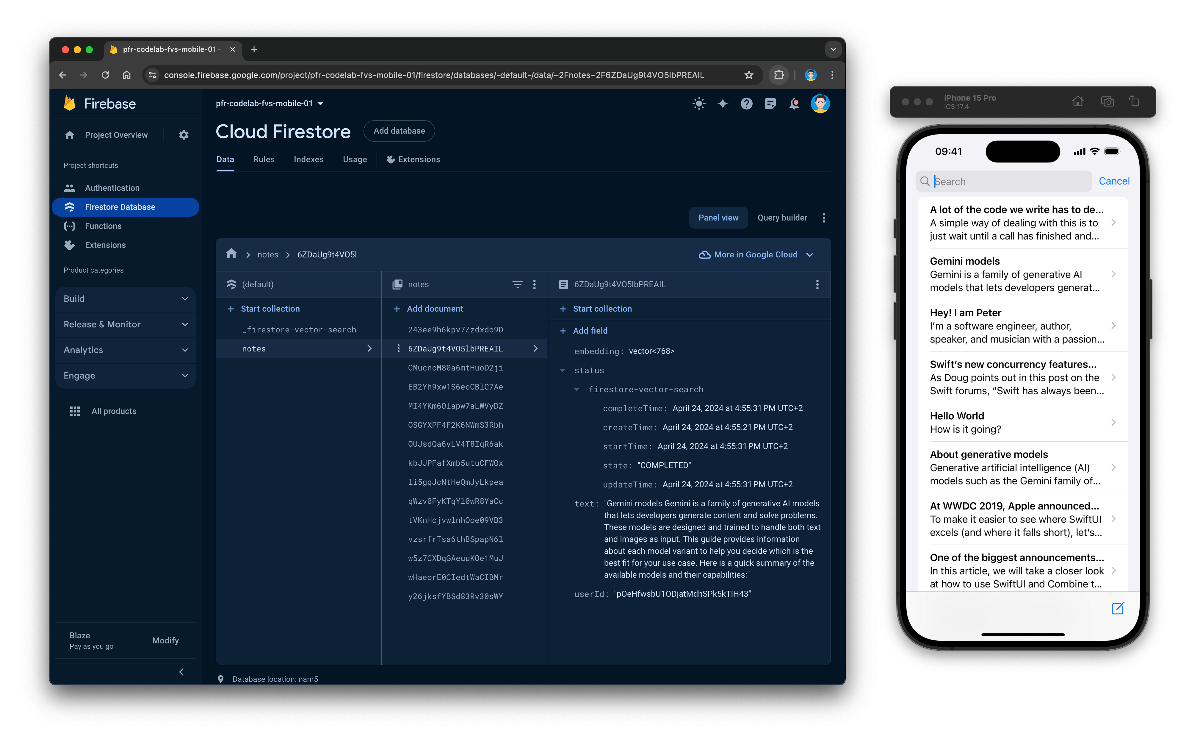 Consola de Cloud Firestore que muestra algunos documentos, que también se pueden ver en la app para iOS en el lado derecho.