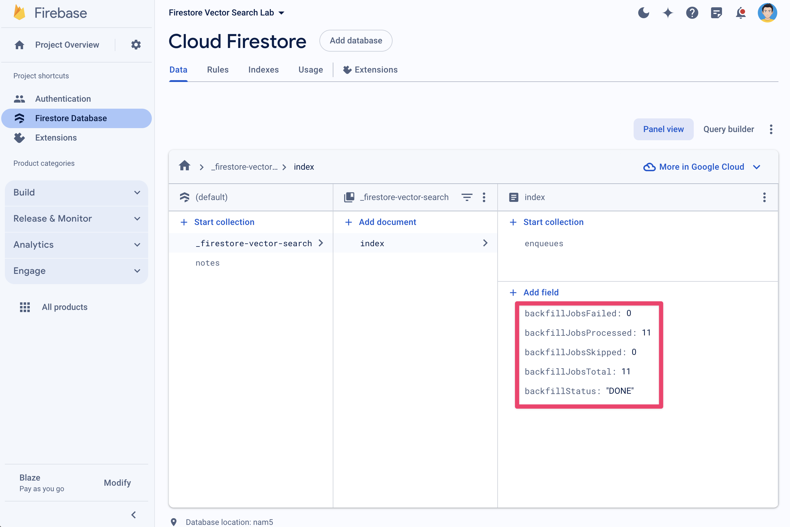 Configuración del índice en la consola de Firestore