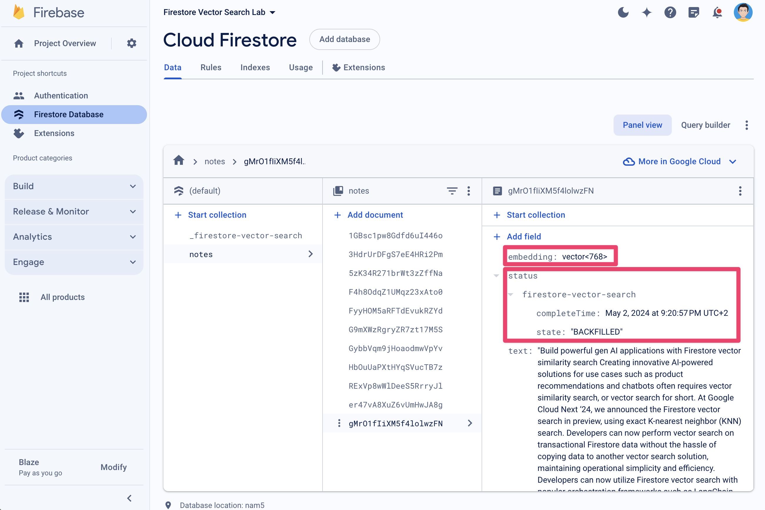 Um campo de embedding de vetor no console do Firestore