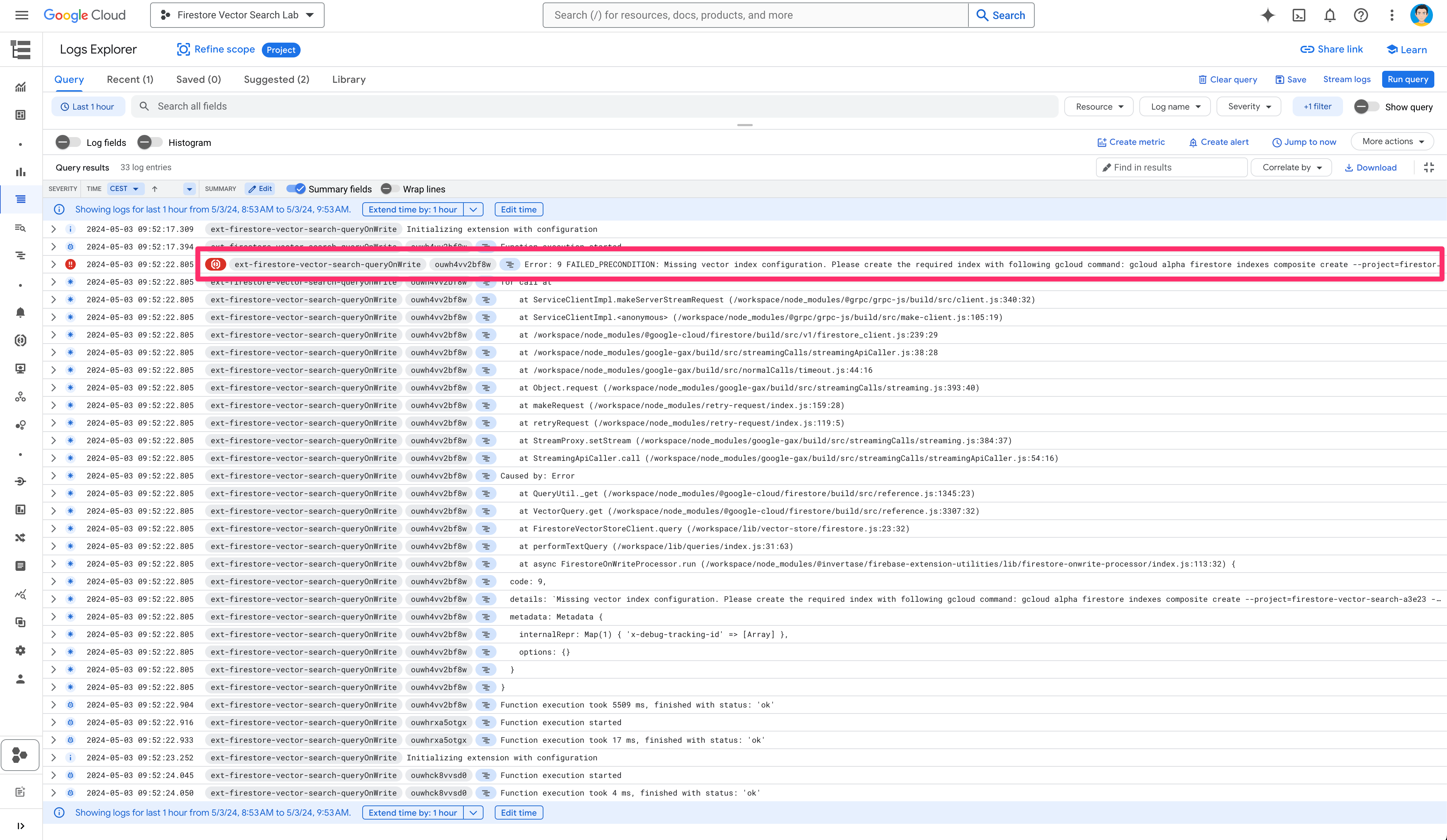 Error message in the log explorer