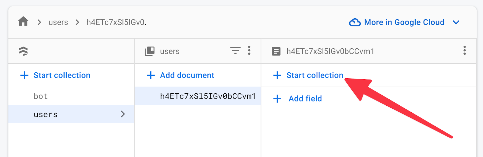 Начните новую коллекцию в Firestore