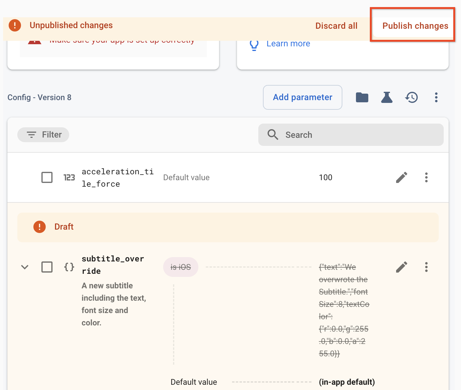 Opción\nPublicar cambios en la página de Remote Config