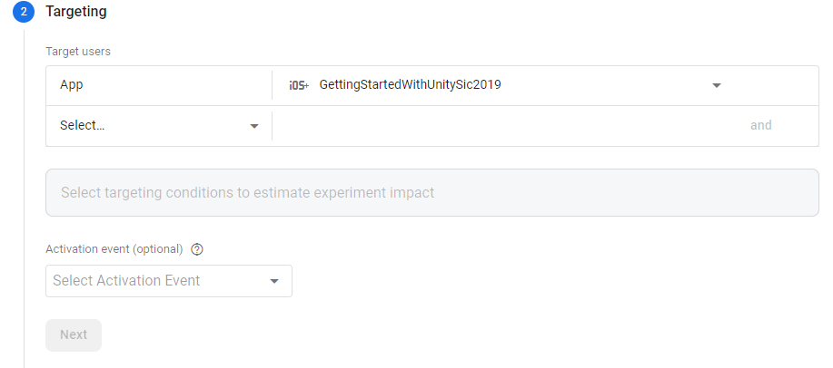 El paso Segmentación de una configuración de\npruebas A/B, con una app seleccionada