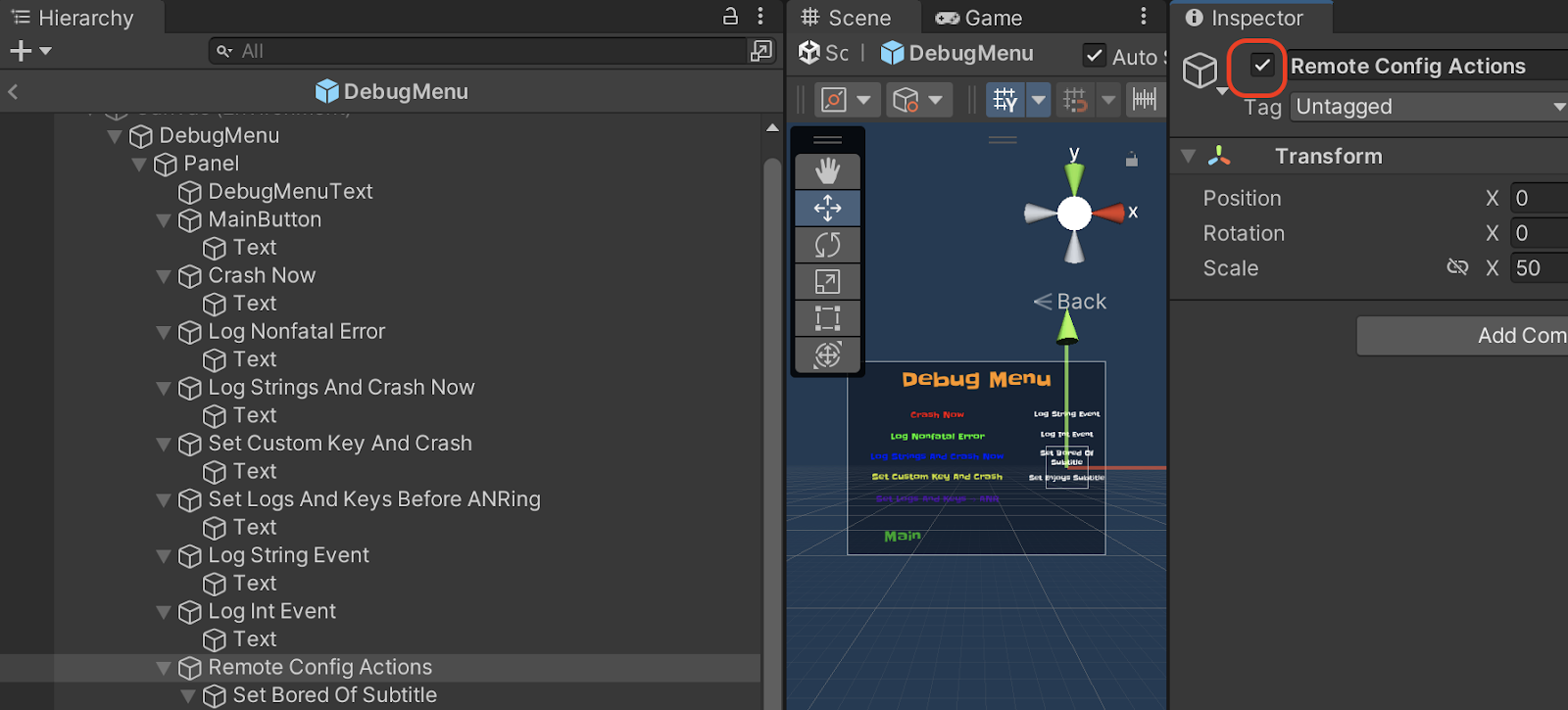 Editor do Unity com a Configuração remota\nAções ativadas no Painel de DebugMenu