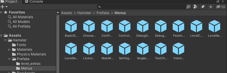 Tab Project editor Unity yang menampilkan\nAset. Hamster, Prefab, Menu