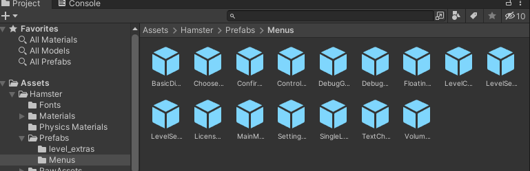 Unity 编辑器的“Project”标签页，显示\n 资产。仓鼠、预制件、菜单