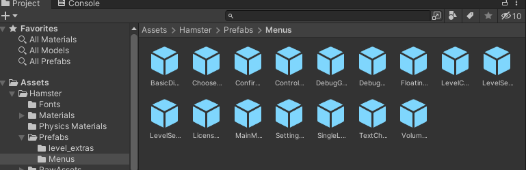 تب Project ویرایشگر یونیتی The Unity editor Project tab showing\nAssets. Hamster, Prefabs, Menus