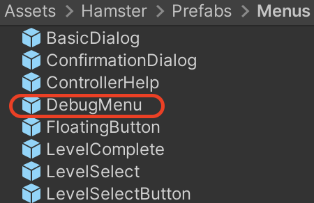 Item DebugMenu yang berada di bawah Aset,\nHamster, Prefab, Menu