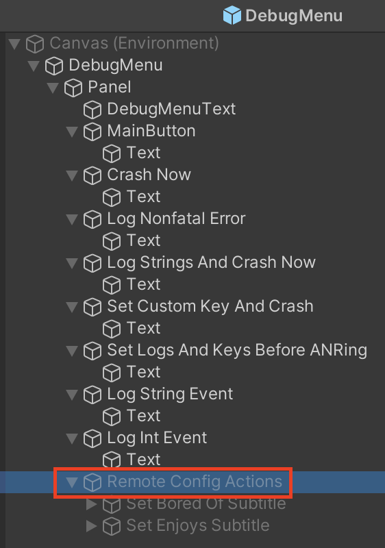 Tindakan Remote Config bertingkat di bawah\nKanvas, DebugMenu