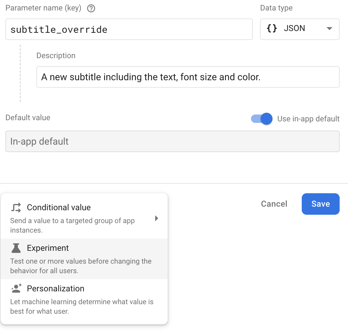 Página de parámetros de Remote Config: Agregar nuevo\nexperimento