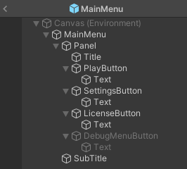 O editor do Unity mostra o menu principal,\ncom o DebugMenu desativado