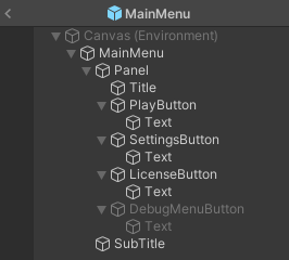 El editor de Unity muestra el menú principal,\ncon DebugMenu inhabilitado.