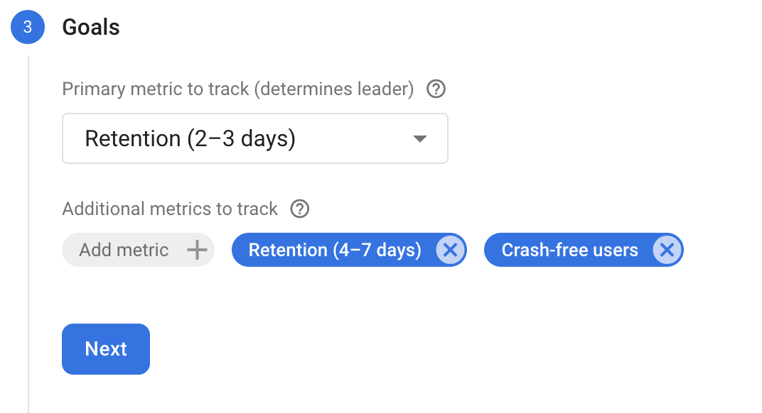 Seção &quot;Metas do teste A/B&quot;