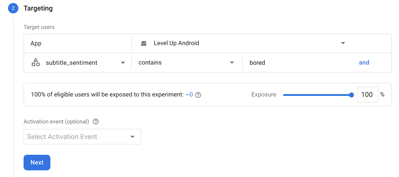 Seção &quot;Segmentação do teste A/B&quot; com\nsubtitle_sentiment selecionado