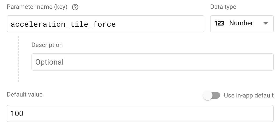 El editor de parámetros de Remote Config con\nacceleration_tile_force propagado