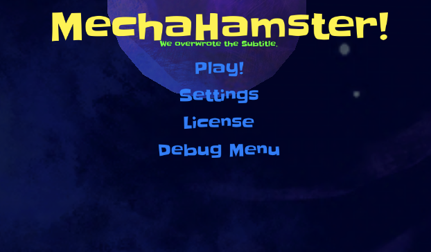Schermata principale di Mechahamster con il menu Debug\nattivato