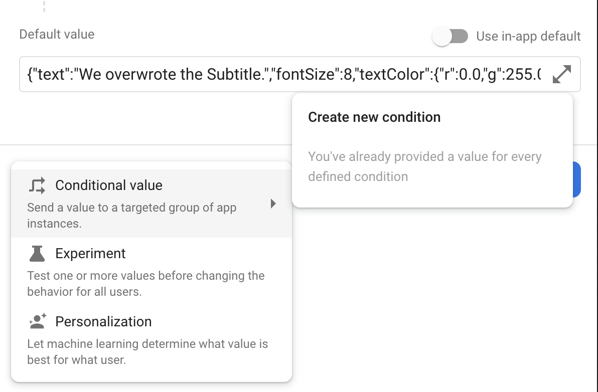 Remote Config parameter editor:\nConditional value option