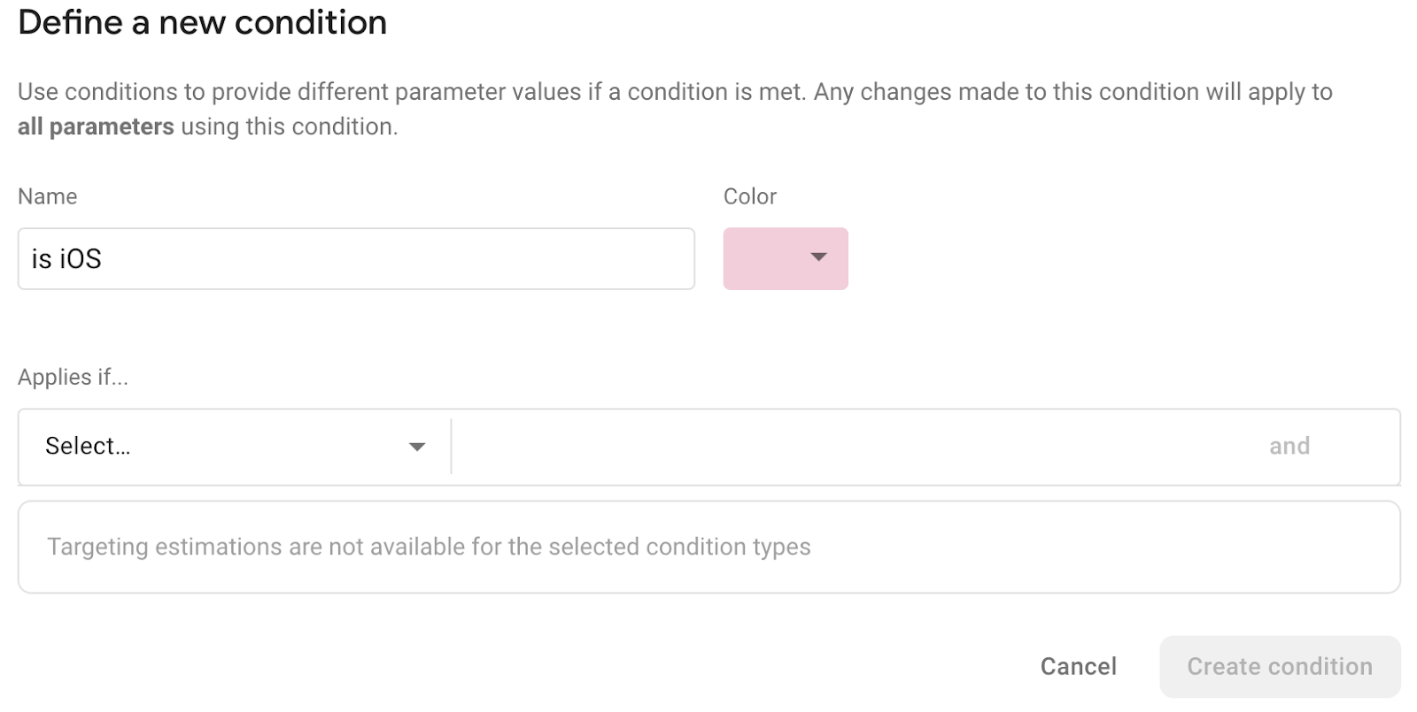 Cómo usar el diálogo Definir una condición nueva\npara definir una condición específica para iOS