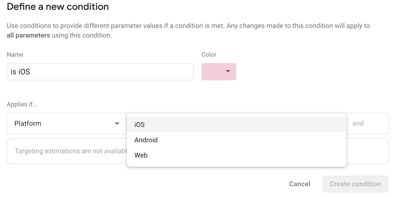 iOS प्लैटफ़ॉर्म चुनने के लिए, &#39;नई शर्त तय करें&#39;\nएडिटर का इस्तेमाल करना