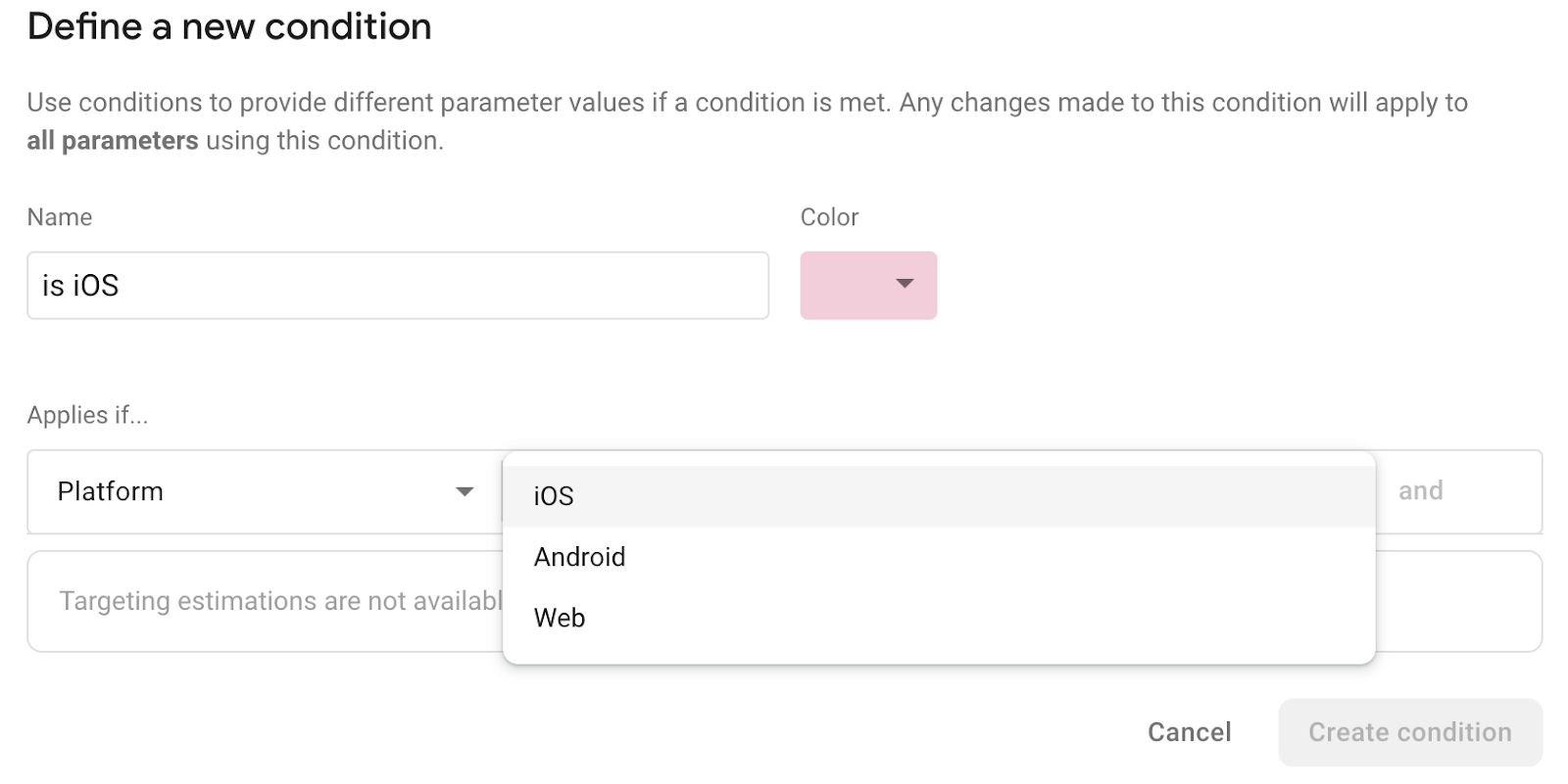 Usa el editor para definir una condición nueva\npara seleccionar la plataforma de iOS