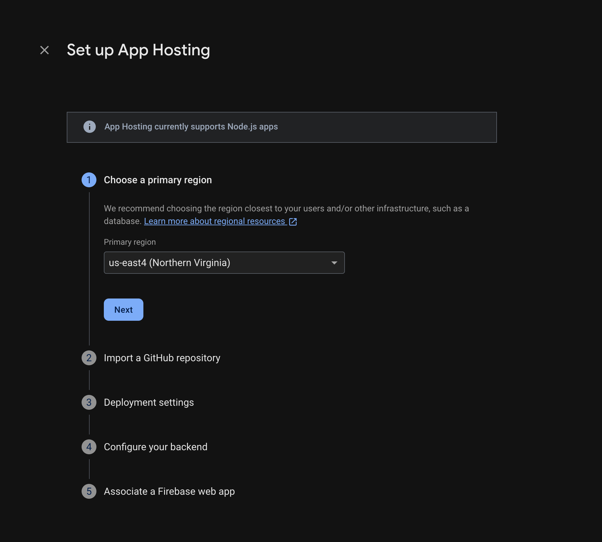A screenshot of App Hosting backend setup.