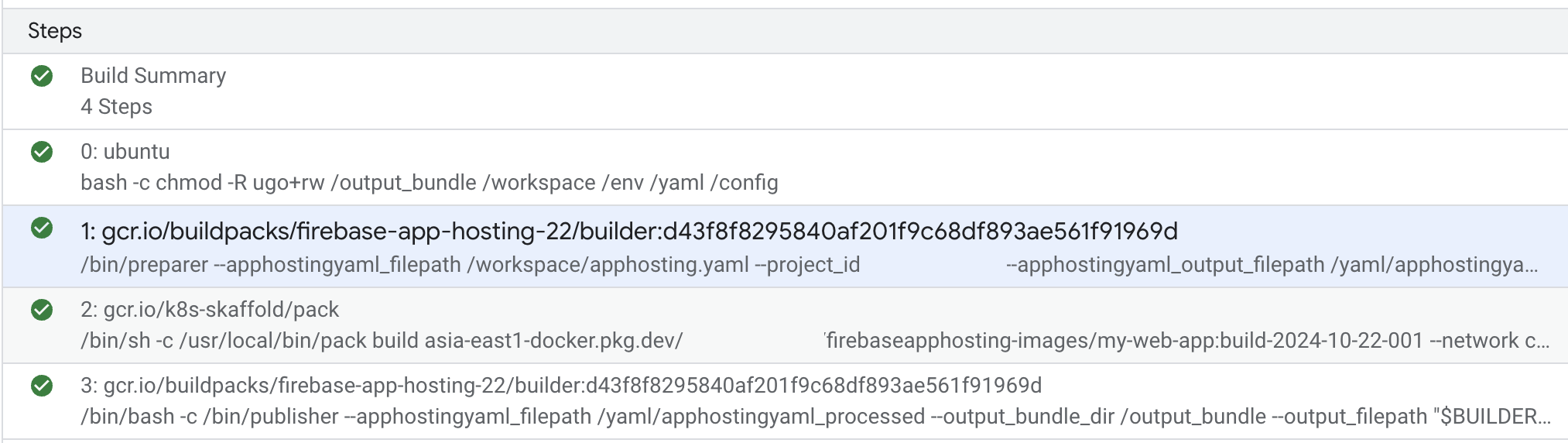 Uma captura de tela de uma visualização do console do Google Cloud com as etapas do Cloud Build