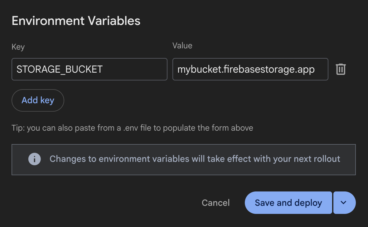 Acquisizione schermo della finestra di dialogo della console Firebase per l'aggiunta di variabili di ambiente