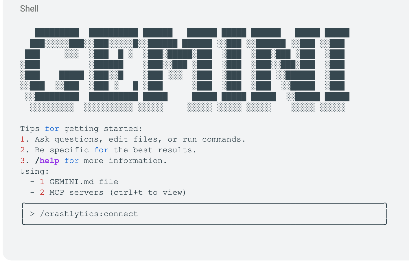 CLI do Gemini usando o comando crashlytics:connect