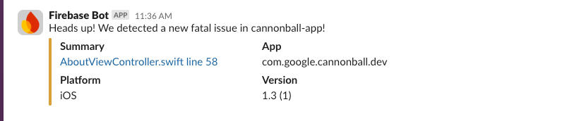 Slack kanalına gönderilen Crashlytics uyarısı örneği