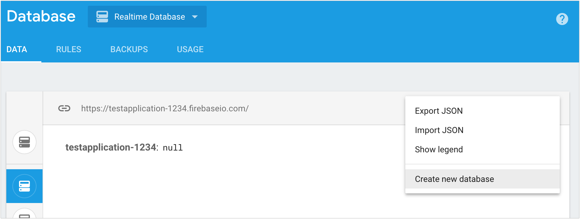 Создайте базу данных в консоли Firebase, используя контекстное меню в разделе «Базы данных».