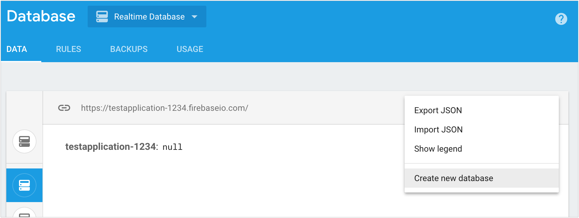 utwórz bazę danych w konsoli Firebase za pomocą menu kontekstowego w sekcji baz danych