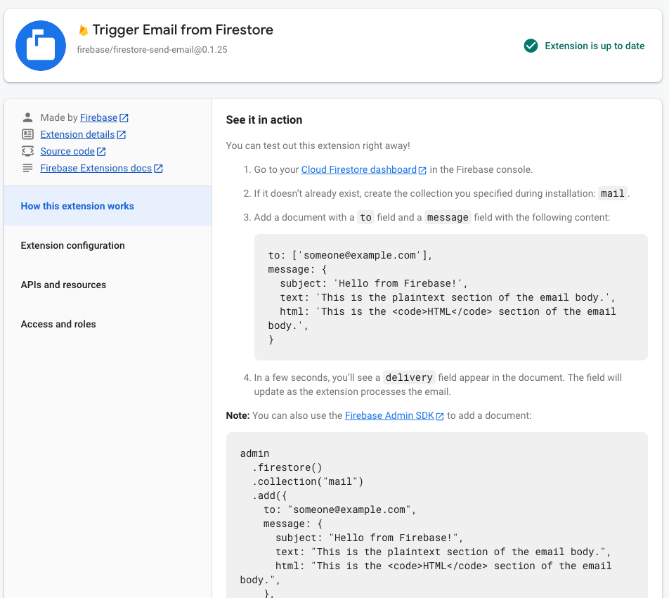 Grande image du contenu post-installation dans la console Firebase