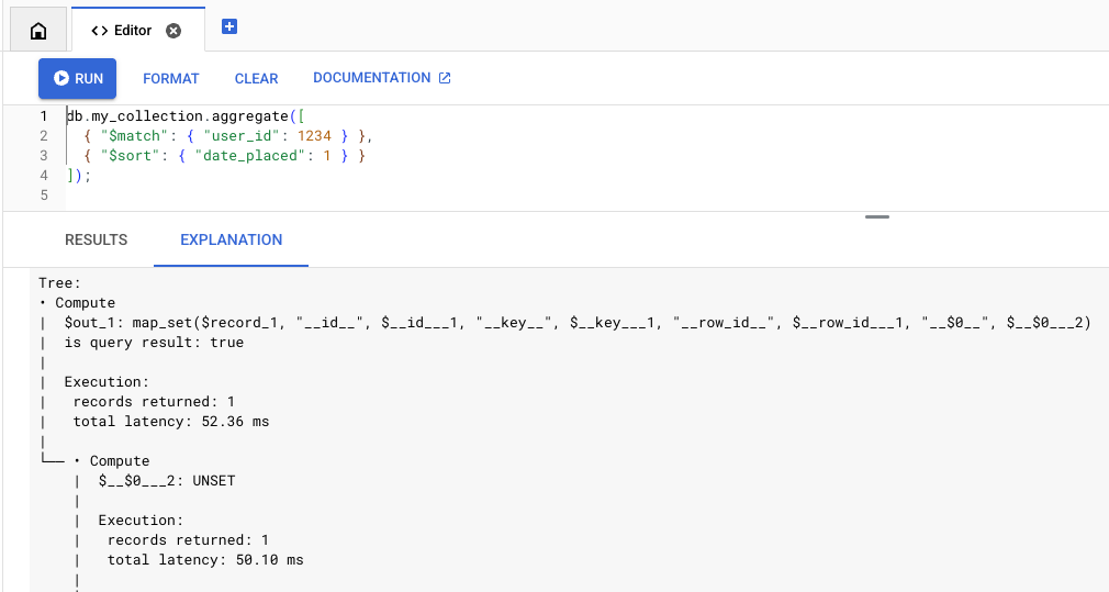 Вкладка «Объяснение запроса» в консоли