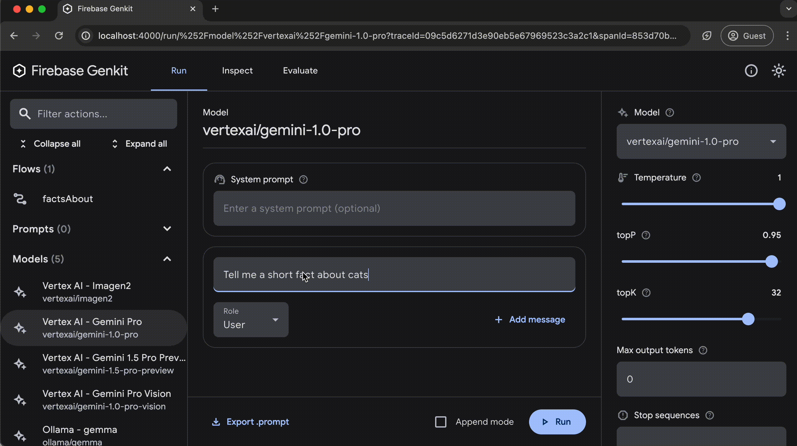 Panoramica GIF dell&#39;interfaccia utente di Genkit Developer