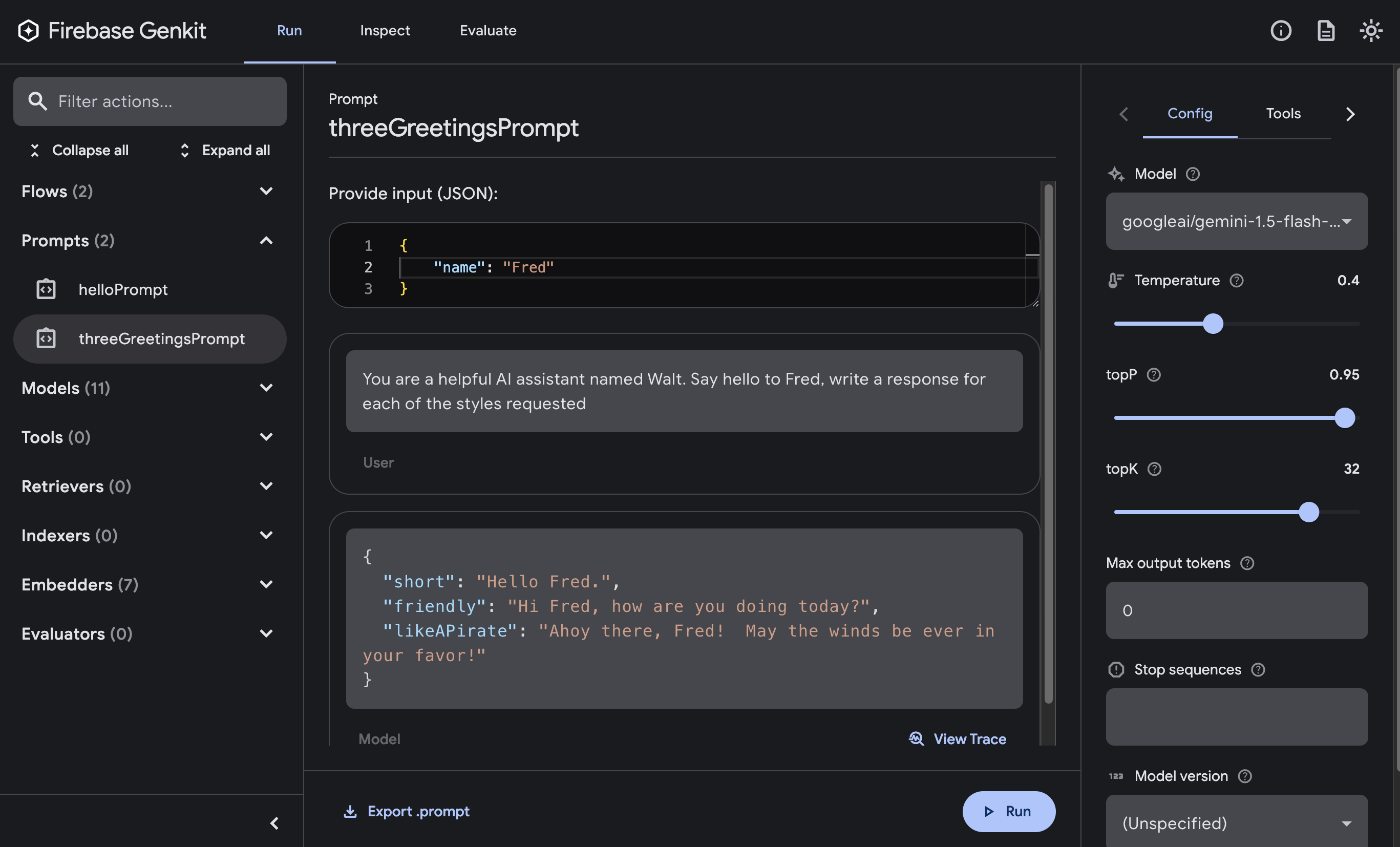 La IU del desarrollador muestra la respuesta JSON a tresGreetingsPrompt