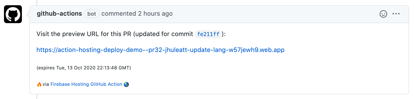 image of GitHub Action PR comment with preview URL