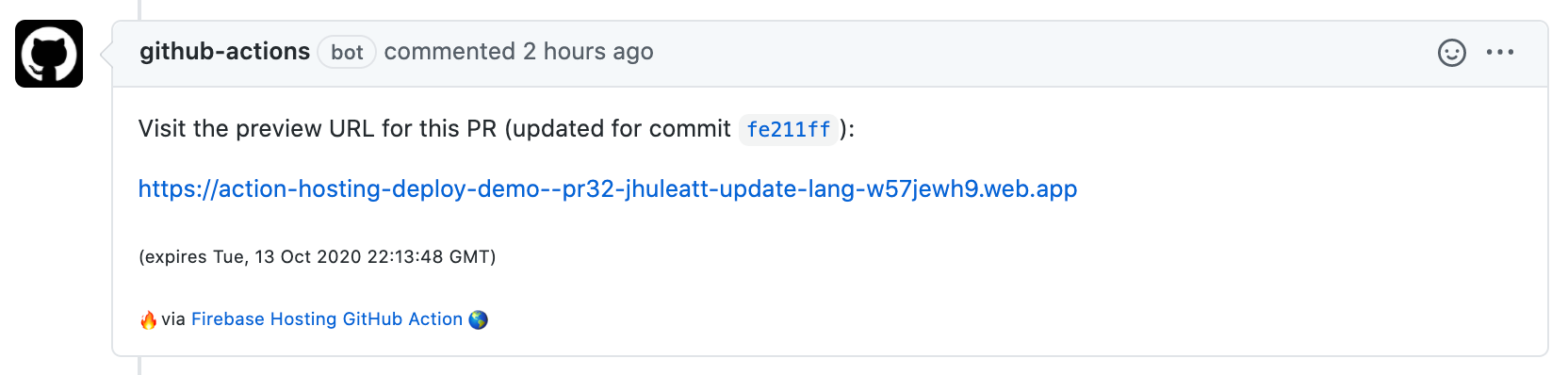 Bild eines GitHub-Aktionskommentars zu einer Pull-Anfrage mit Vorschau-URL