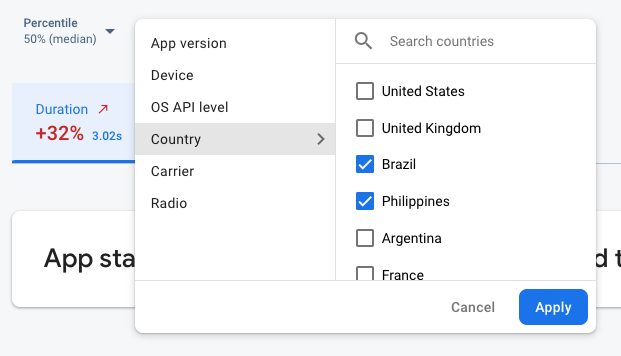 una imagen de los datos de Firebase Performance Monitoring que se filtran por atributo