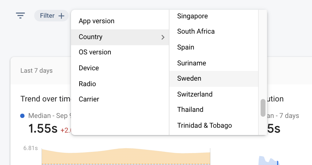 按特性过滤 Firebase Performance Monitoring 数据的图像