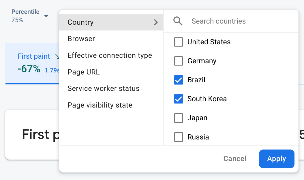 属性でフィルタされた Firebase Performance Monitoring データの画像