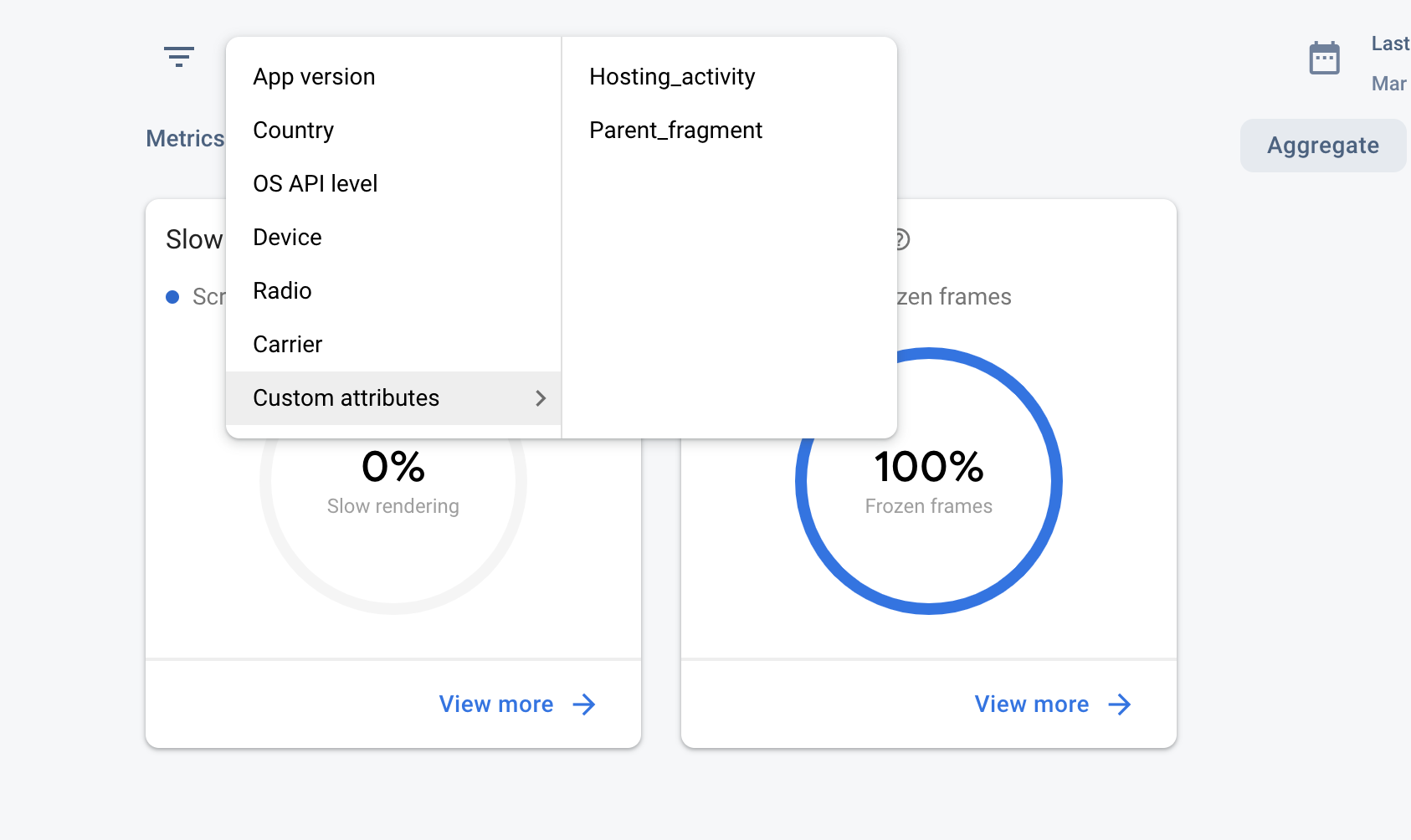 imagen del panel de métricas de fragmentos de Performance Monitoring