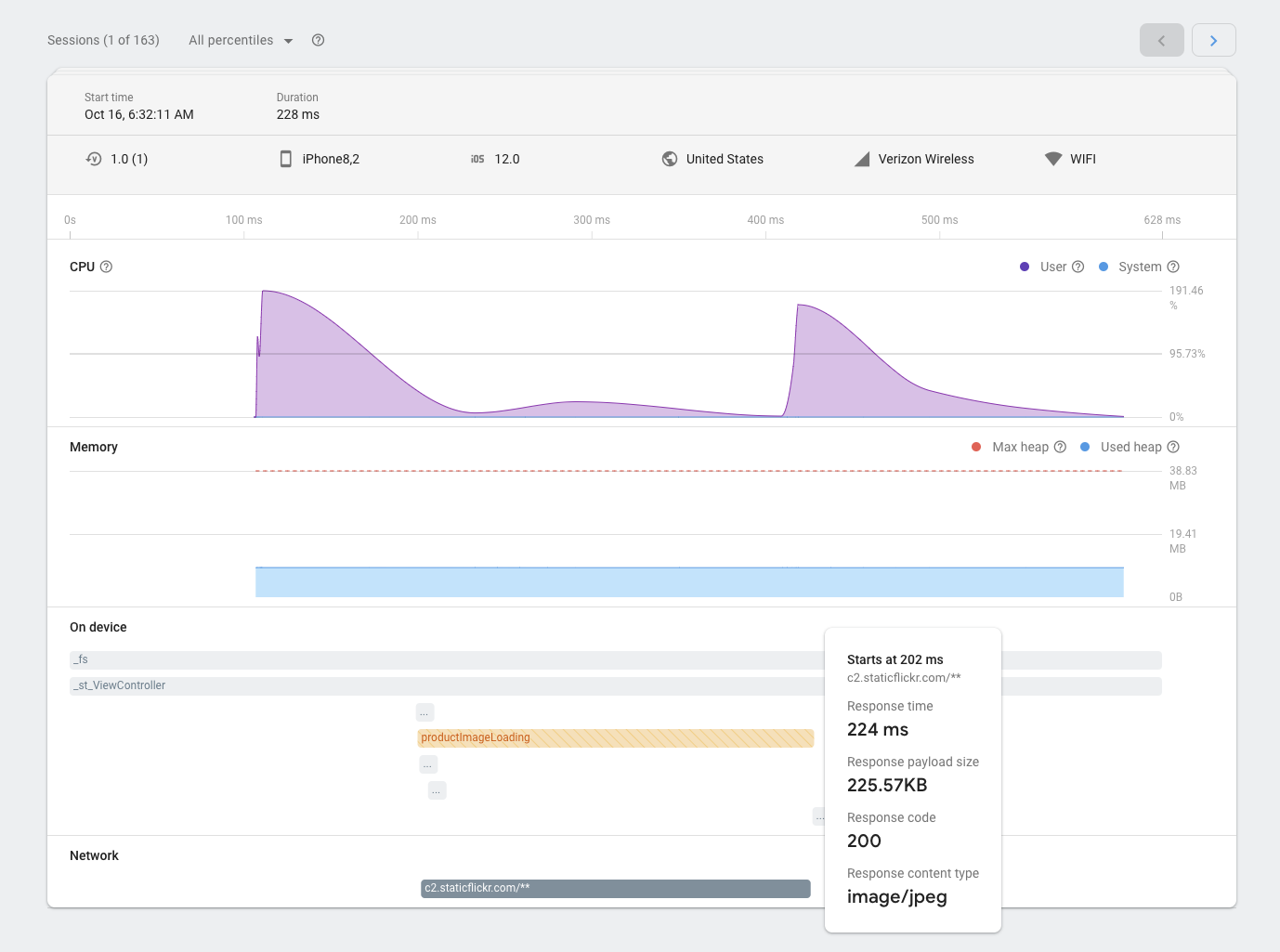 una imagen de la página de sesiones de Firebase Performance Monitoring