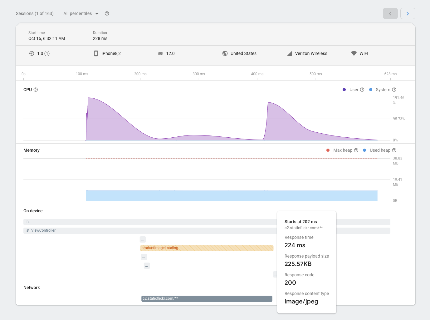 รูปภาพของหน้าเซสชันการตรวจสอบประสิทธิภาพ Firebase