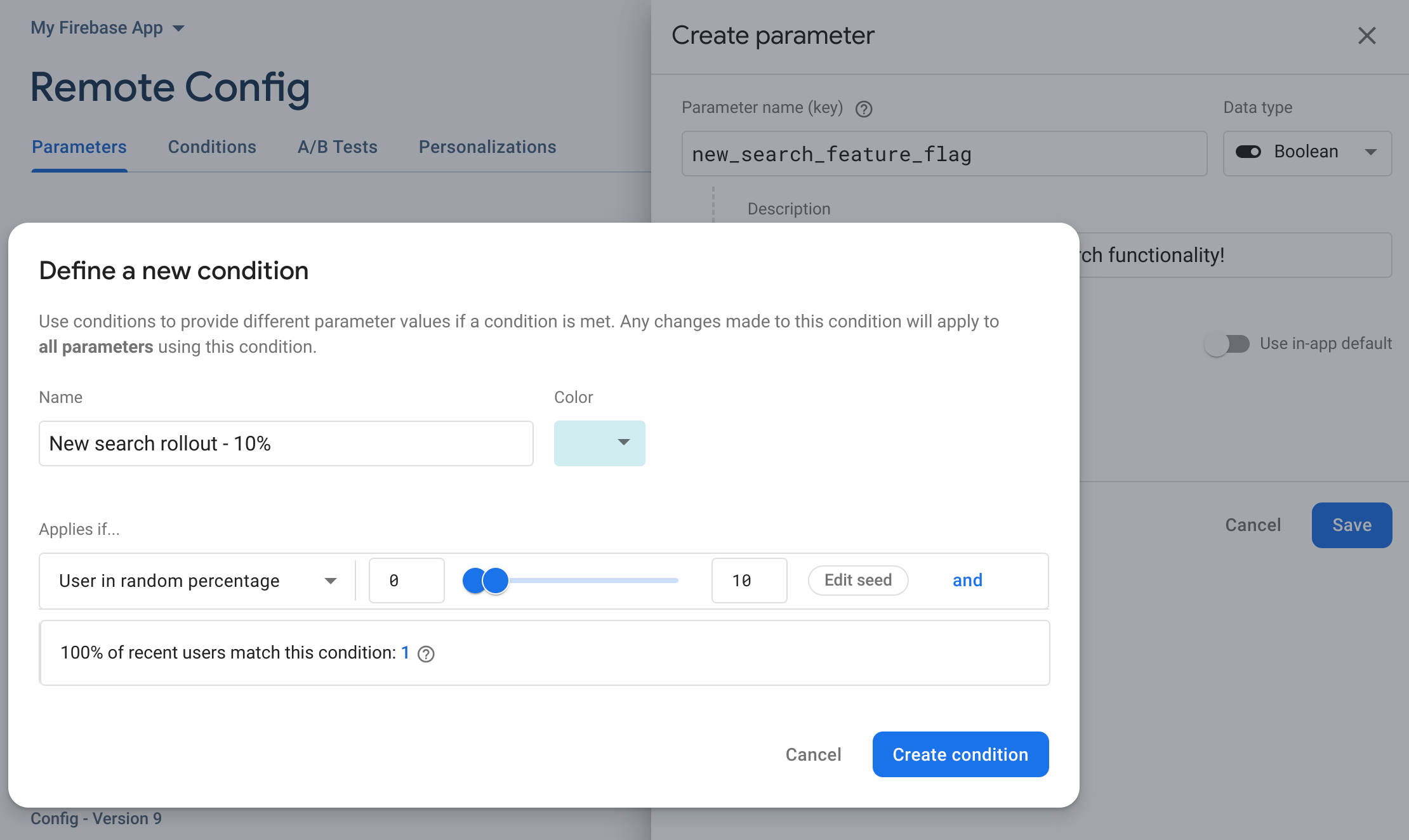 展示 Firebase 控制台 GUI 步骤的图片，这些步骤用于对现有参数执行百分比发布