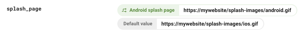 Captura de tela do parâmetro splash_page no Console do Firebase mostrando o valor padrão para iOS e o valor condicional para Android