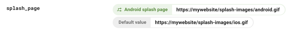 「splash_page」的螢幕擷取畫面參數，顯示 iOS 預設值和 Android 的條件值。
