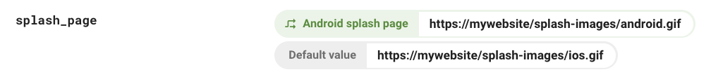 Firebase कंसोल में &#39;splash_page&#39; पैरामीटर का स्क्रीन कैप्चर, जो iOS के लिए अपनी डिफ़ॉल्ट वैल्यू और Android के लिए शर्तों के हिसाब से वैल्यू दिखाता है