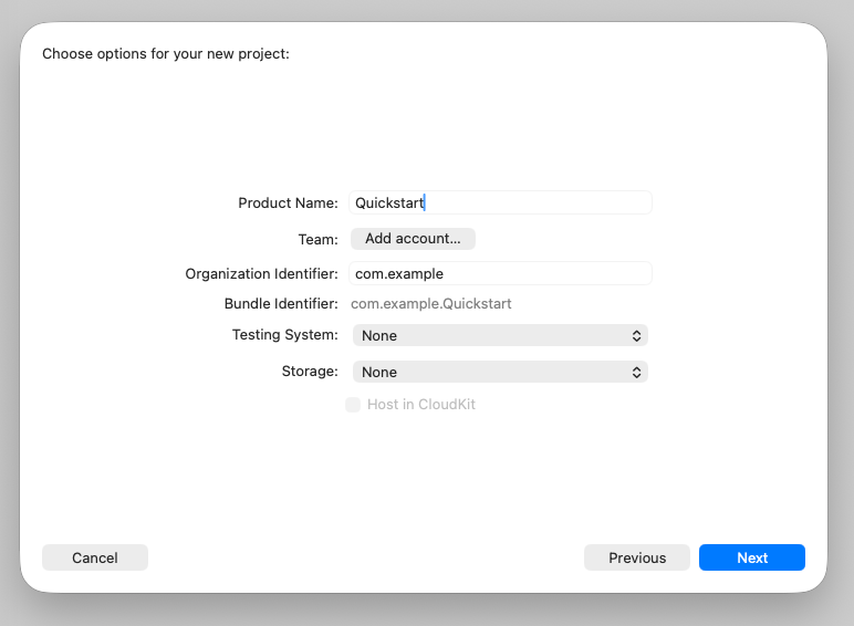 Xcode yeni proje iletişim kutusu