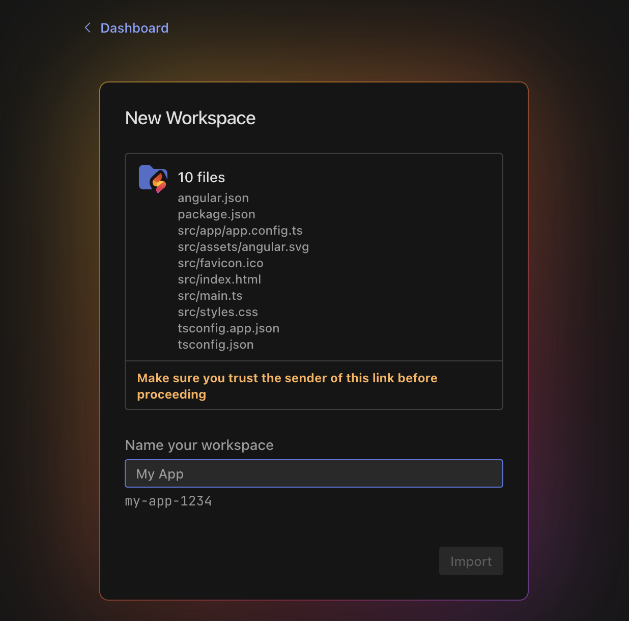 Firebase Studio에서 열기 작업공간 가져오기 대화상자